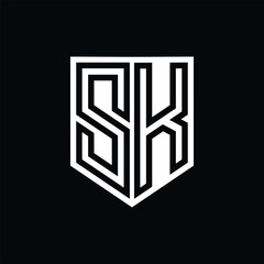 SK Letter Logo monogram shield geometric line inside shield design template