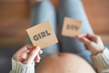 Pregnant female showing paper with girl word and background blur paper with boy word. pregnant...