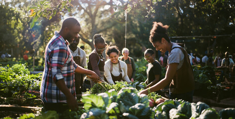 A diverse group of farmers, laughing and collaborating, harvests vegetables in a community garden. Sunlight filters through the trees, creating a dappled effect - obrazy, fototapety, plakaty