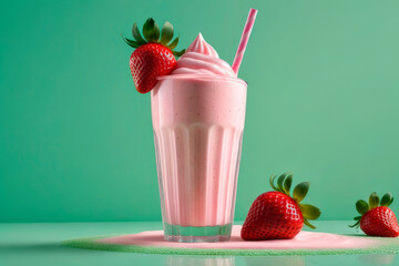 A healthy breakfast or snack option is a blended strawberry protein smoothie or milkshake on a pastel green background.