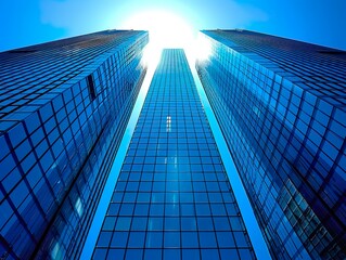 Fototapeta na wymiar An office building towers into the clear blue sky reflecting sunlight