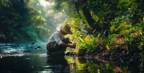 A farmer kneels by a river, carefully collecting water samples in a glass vial. Lush greenery surrounds them. - obrazy, fototapety, plakaty