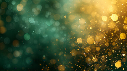 Abstract blur bokeh banner background. Gold bokeh on defocused emerald green background. generative ai 