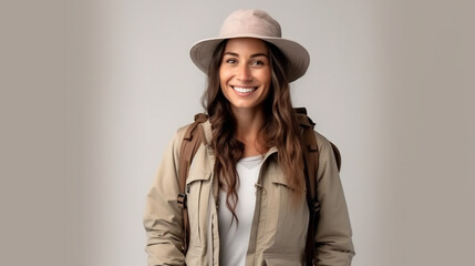 Smiling Adventurous Woman with Backpack Ready for Hiking. Outdoor Exploration and Travel Concept