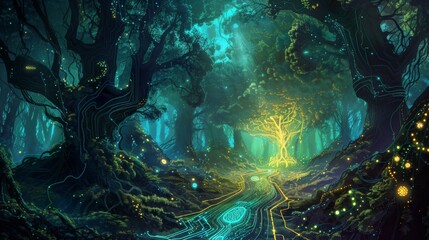 A mystical digital illustration of an enchanted forest glowing with bioluminescent lights and vibrant foliage.