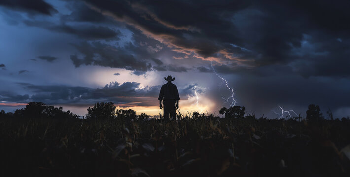 A photorealistic image of a farmer, silhouetted against a stormy sky, standing defiantly in their field. Lightning illuminates the landscape.
