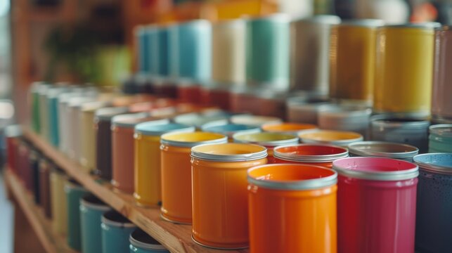Sample paint cans during house renovation, process of choosing paint for the walls