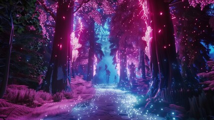 A breathtaking path winds through a neon-lit forest, with sparkling lights and vibrant hues creating a scene from a fantasy realm.