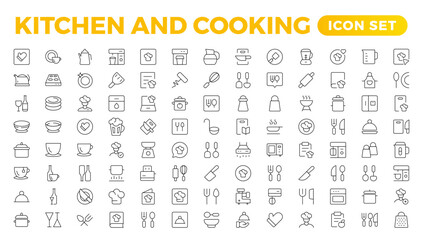 Set of outline icons related to cooking, and kitchen. Linear icon collection. Kitchen and Cooking thin line web icon set. Outline icons collection. Kitchen utensils - pan, oven, cookbook, saucepan.