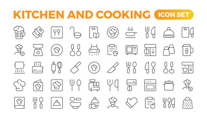 Set of outline icons related to cooking, and kitchen. Linear icon collection. Kitchen and Cooking thin line web icon set. Outline icons collection. Kitchen utensils - pan, oven, cookbook, saucepan.