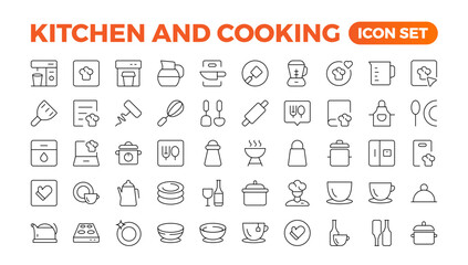 Set of outline icons related to cooking, and kitchen. Linear icon collection. Kitchen and Cooking thin line web icon set. Outline icons collection. Kitchen utensils - pan, oven, cookbook, saucepan.