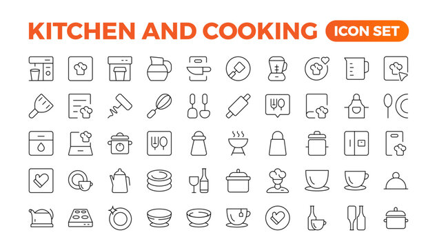 Set of outline icons related to cooking, and kitchen. Linear icon collection. Kitchen and Cooking thin line web icon set. Outline icons collection. Kitchen utensils - pan, oven, cookbook, saucepan.