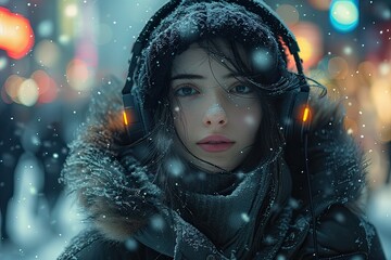 "Winter Fashion and Beauty in Blue, Snowflake Beauty and Holiday Fashion, Nighttime Glamour and Santa Cap Style, Fashionable Faces in Snowy Nightscapes, Blue Beauty and Festive Fashion in Snowy Nights