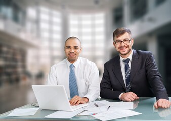 Happy company manager planning discussing financial report with business team