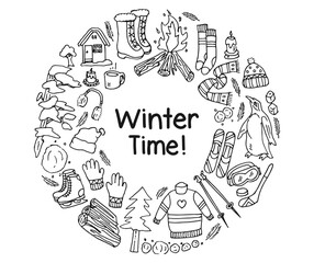 Winter time vector illustration. Hand drawn doodle of winter theme. Cartoon vector illustration art.