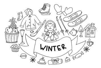 Winter doodle vector illustrations. Hand drawn winter icon with little girl on cold winter weather. Doodle cartoon vector art.