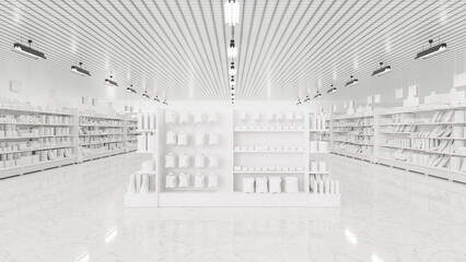 3D Rendering. Store interior supermarket with shelf shelves. - obrazy, fototapety, plakaty