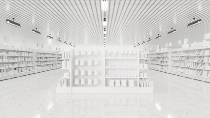 Fotobehang 3D Rendering. Store interior supermarket with shelf shelves. © nonnie192
