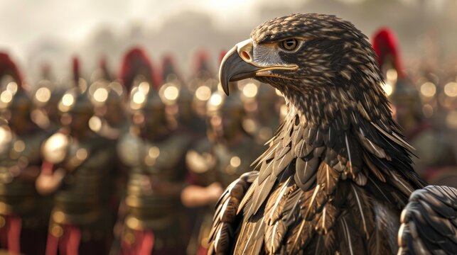 A bald eagle the symbol of strength and power adorns the standard carried by a group of marching Roman legionaries.