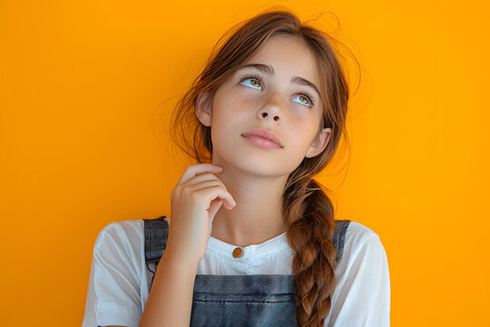 Thoughtful teenage child girl on yellow background. Portrait of a kid thinking over idea. Pensive girl. Thinking face, thoughtful emotions of teenager girl.