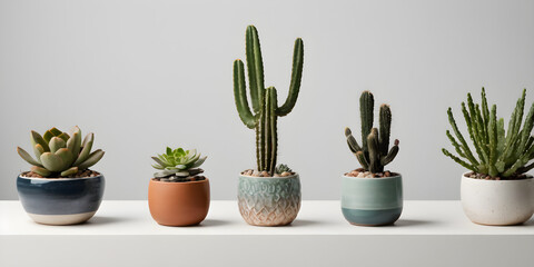 collection Set of different mixed cactus and succulents types of small mini plant in modern ceramic nordic vase pot as furniture cutouts isolated on transparent png background  - Powered by Adobe