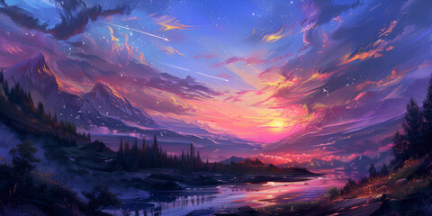 Bright color clouds , Anime night sky with stars above, Vibrant sunset with the sky filled with bright, Vibrant sunset with the sky filled with bright, Mountainous landscape art outdoors painting, 

