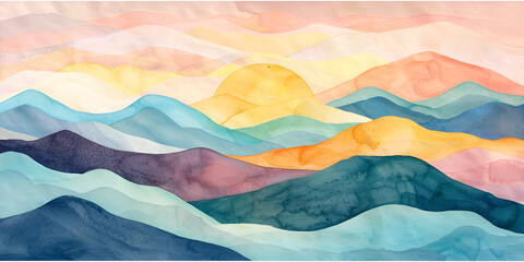 Watercolor landscape poster. Abstract minimalist painting with mountains. Wall art posters with watercolor texture nature elements vector set. Trendy contemporary artworks with sunset and moon,