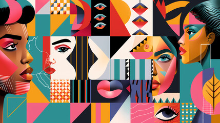 Bold and colorful geometric shapes with empowering representation for Women's Day poster. Abstract pop art illustration for commercial background or presentation. Women faces in many square frames