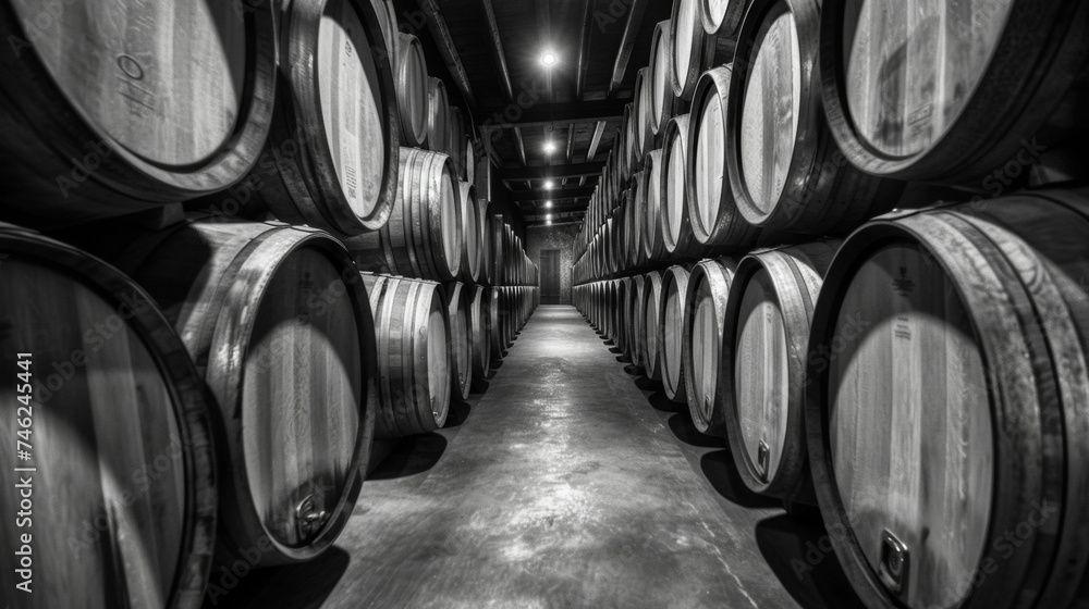 Poster a black and white image of a wine cellar lined with rows and rows of stacked wooden barrels. the dim