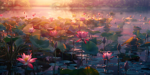 pink lotus flowers on the river at sunset, A lake filled with lots of water lilies under a pink sky with mountains in the background and a pink sky with clouds in the distance