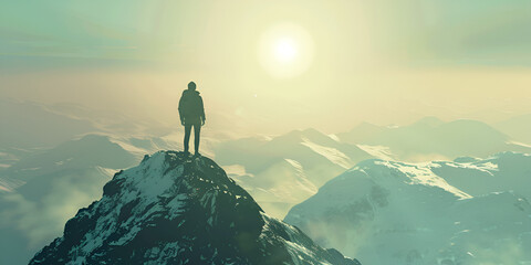 silhouette of a person standing on a mountain top, Businessman on Top, Mountain Summit View, Success and Triumph, 