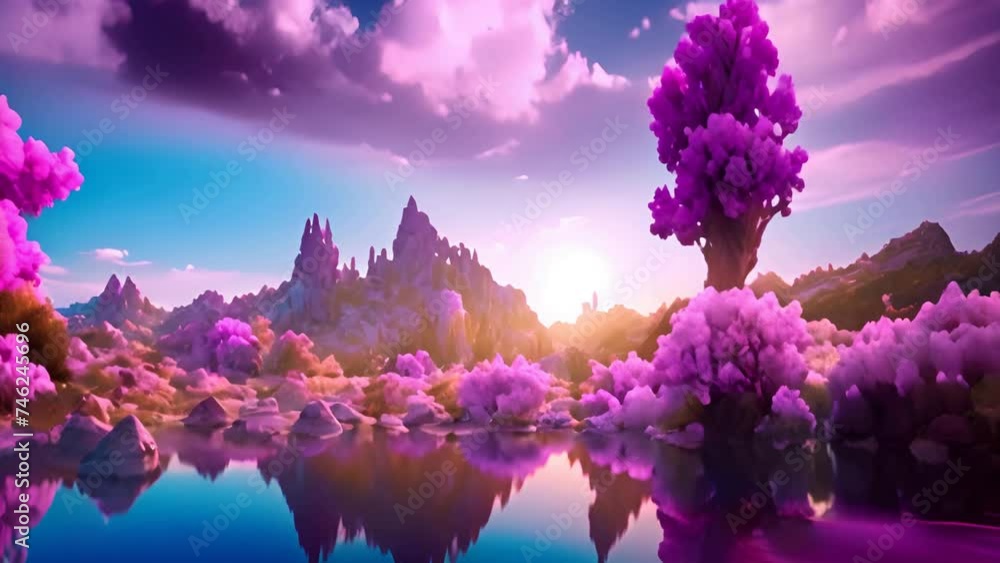 Poster lake surrounded by trees and rocks under cloudy sky generative ai