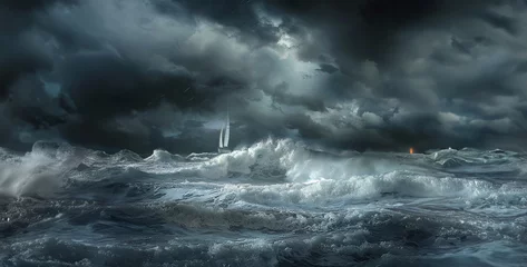 Rolgordijnen Dark clouds rage, churning waves clash with fury. Lone sailboat battles, rain falls heavy, coastline fades in mist. Nature's raw power unleashed realistic stock photography © Ajmal Ali 217
