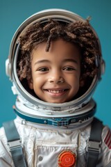 Young Mixed-race/Racially Diverse Boy in Astronaut Suit Imagining Space Adventures. Career, STEM, Opportunity Themes. Generative AI
