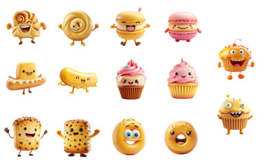 Collection of cartoon-style anthropomorphic fast food, snack and dessert characters with happy faces, isolated on a transparent background, for children's party invitations or educational materials