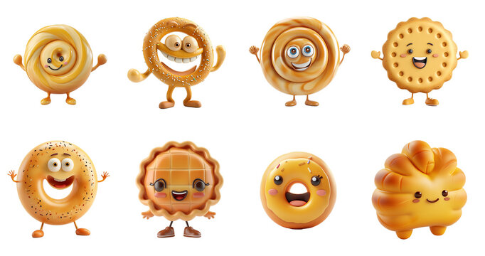 Assorted cute cartoon bakery food characters with happy faces, isolated on a transparent background, perfect for bakery or food-related design and World Baking Day themes