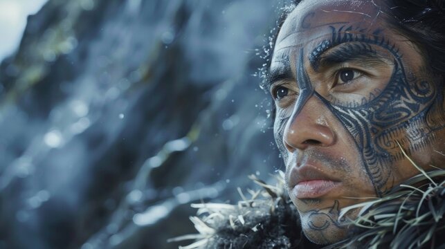 A Maori warrior stands stoically on a rocky cliff his ta moko facial tattoo a symbol of strength and pride.