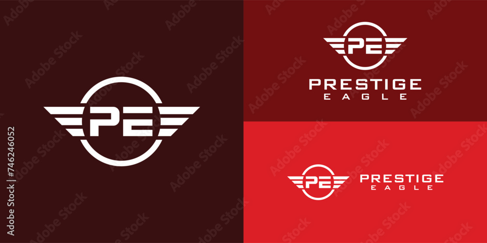 Aufkleber abstract initial letters p and e in white color isolated multiple red backgrounds applied for automo
