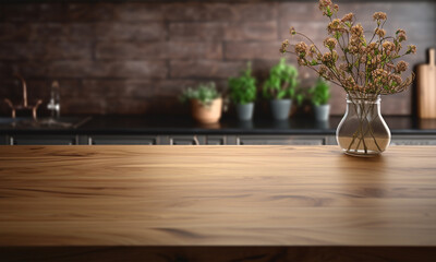 Fototapeta premium A kitchen counter top with a blurry background, for advertising , product display 3d rendering