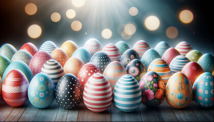 Colorful painted Easter eggs on a blurred background.