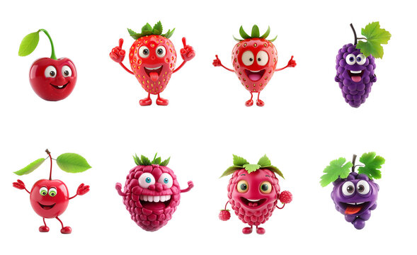 Set of eight cartoon fruit characters including cherry, strawberry, grape, and raspberry with cheerful expressions, isolated on a transparent background, suitable for healthy eating concepts