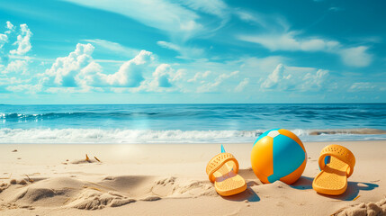 Obraz premium Beach accessories on the sand, top view