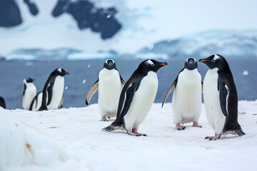 Obraz premium Group of Penguins Standing on the Snowy Landscape of Antarctica