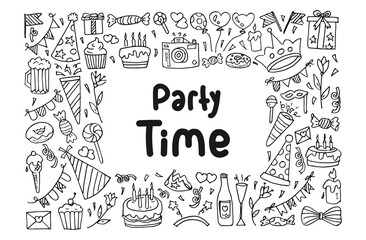 Party time doodle illustrations. Happy birthday, new year party hand drawn cartoon vector. Black outlined illustration style.