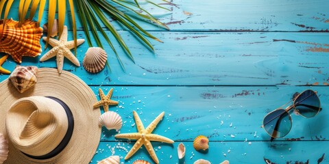 beautiful beach with hat and star fish top view,  holiday concept 