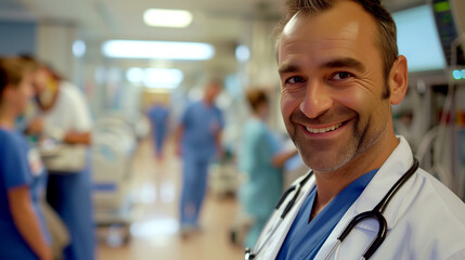 Happy doctor with stethoscope in hospital, staff in background with staff