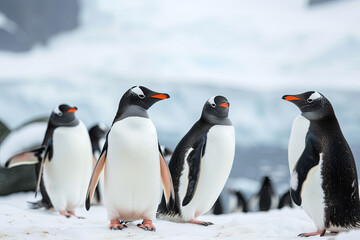 Group of Penguins Standing on the Snowy Landscape of Antarctica