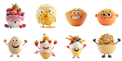 Collection of cute, anthropomorphic food illustrations including fruit bowl, popcorn, pasta, and cereal, all isolated on a transparent background, perfect for nutrition and children's themes