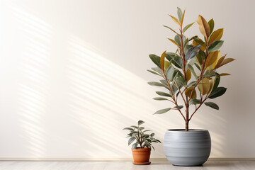 Window and vase with plants: A botanical decoration for home, showcasing various flora including succulents Ficus tree in pot on floor near white wall. Home decor
