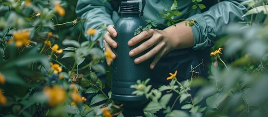 A person is standing in a field of colorful flowers, holding a green fire hydrant in their hands. The fire hydrant stands out against the vibrant backdrop of the flowers. - Powered by Adobe